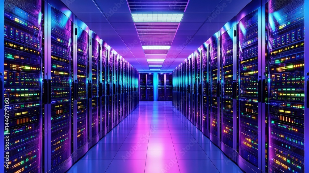 Fototapeta premium Futuristic data center with colorful neon-lit server racks reflecting on the glossy floor, ideal for cloud computing, cybersecurity, technology infrastructure, and digital network visuals