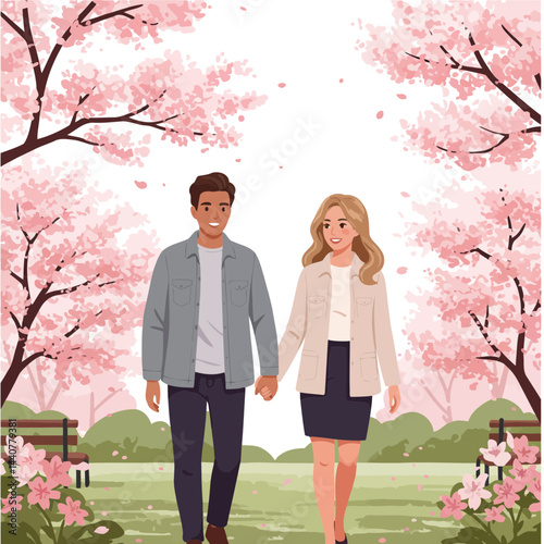Romantic couple walking holding hands in cherry blossom park spring love relationship artwork