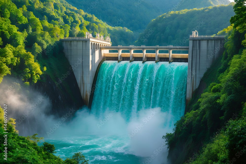 Hydroelectric dam with cascading water surrounded by lush green forest landscape Hydroelectric dam with cascading water surrounded by lush green forest landscape