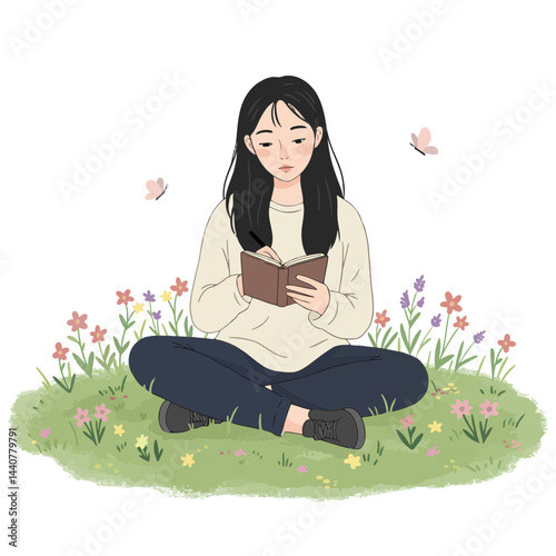 Illustration of young woman reading book in nature field with flowers and butterflies art style
