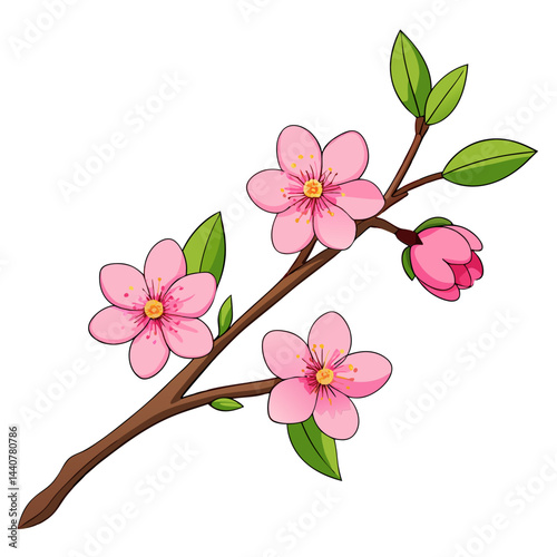 Beautiful pink cherry blossom branch illustration for spring season floral design elements art