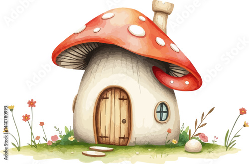 Mushroom house watercolor vector illustration.