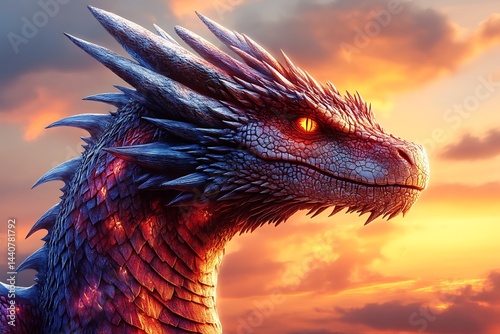 Dragon Head Profile Against a Warm Sunset Sky