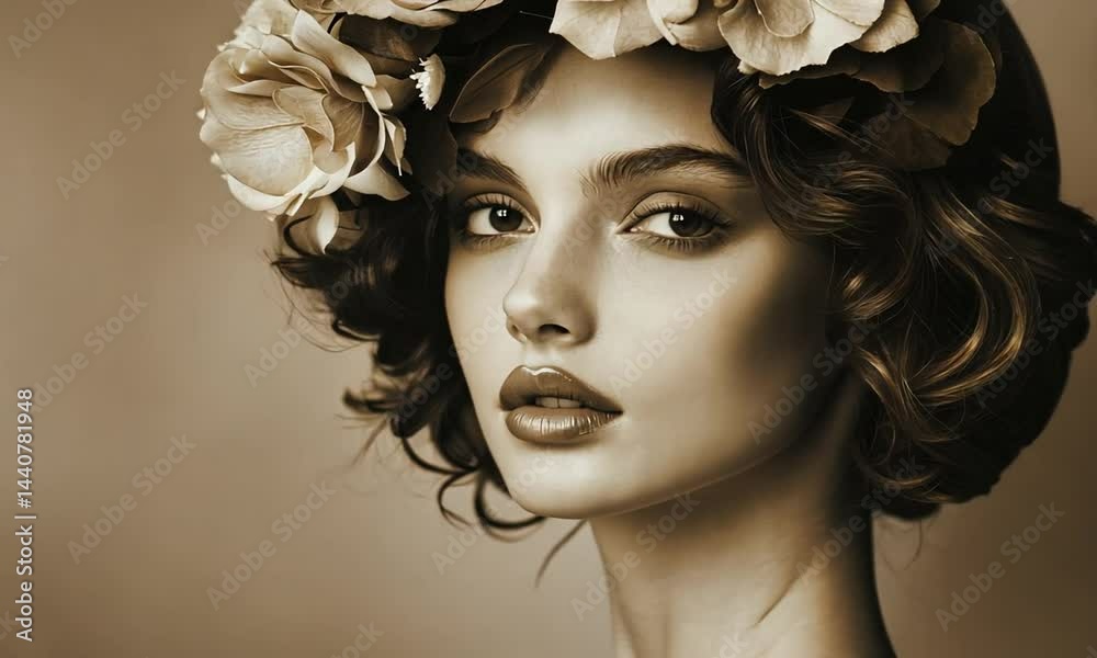 Portrait of a woman with a floral crown, showcasing elegance against a soft, muted background