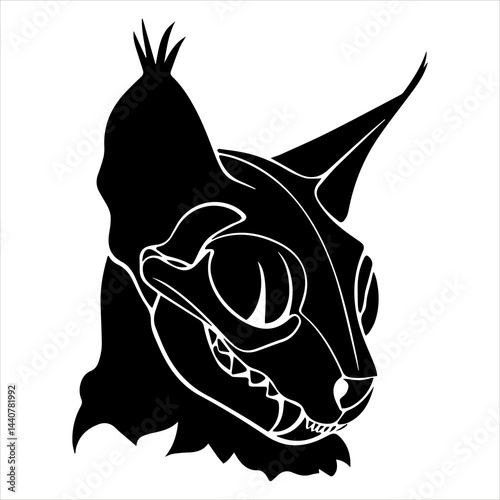 Cat skull silhouette in black and white, gothic spooky design for Halloween Vector Illustration