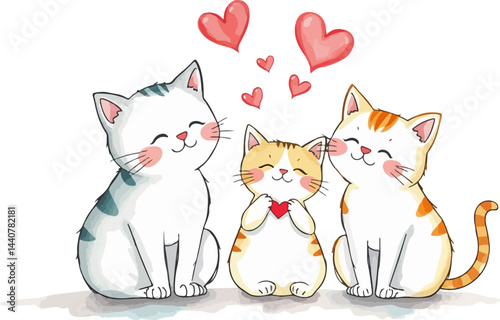 Family of cute happy cats watercolor vector illustration.