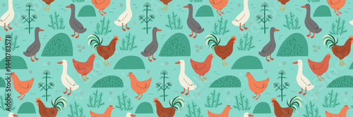 Seamless bird pattern with colorful birds on a light blue background. Whimsical and cheerful design ideal for textile prints, wallpaper, and spring-themed decorations