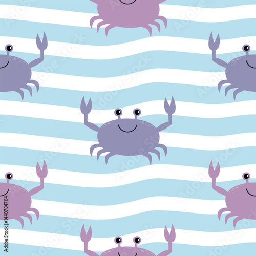 Seamless pattern with cute smiling crabs and waves. Vector.	