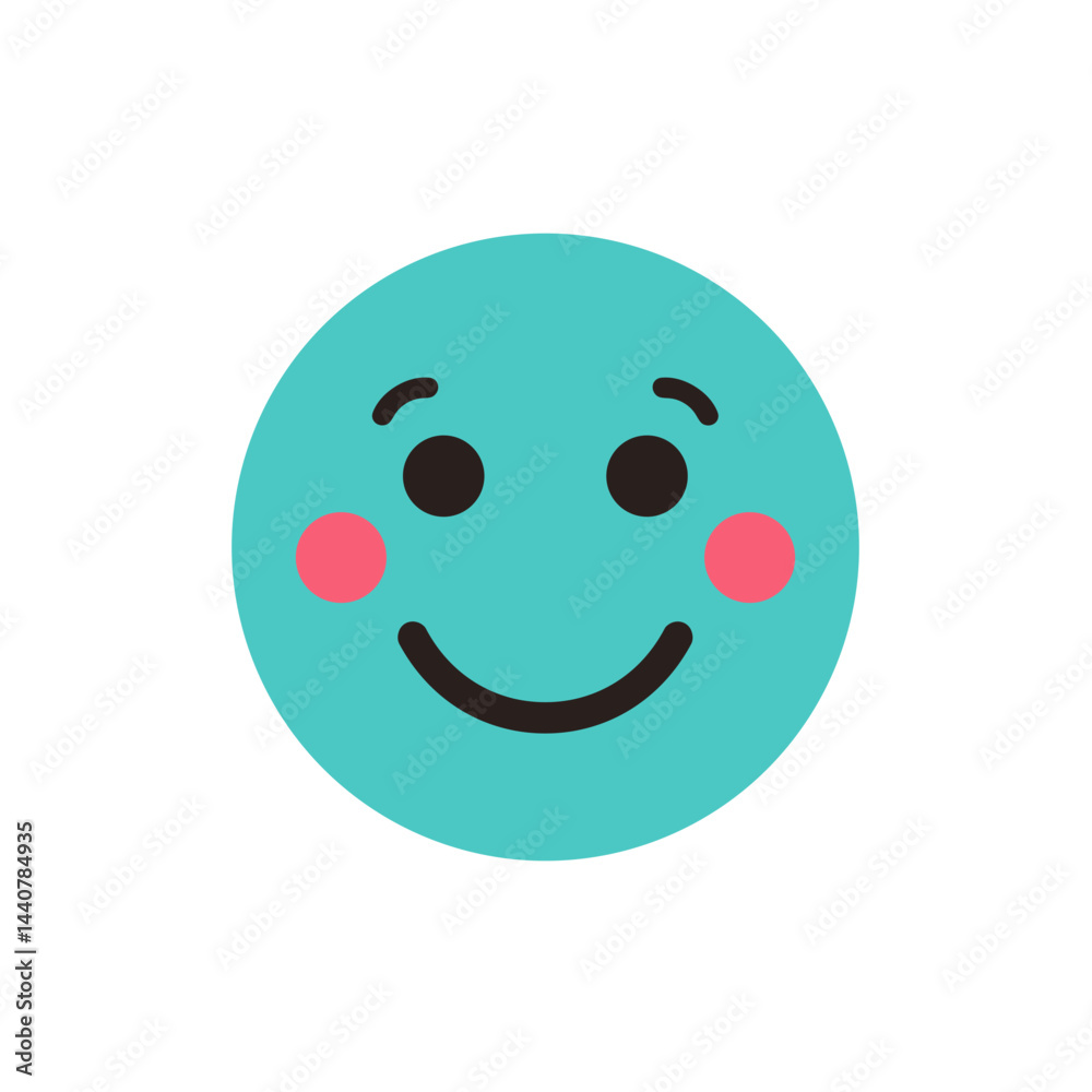 Fototapeta premium Happy face emoji icon in turquoise with pink cheeks on a white background