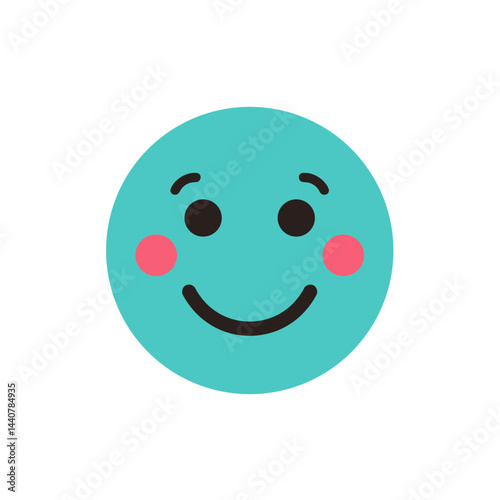 Happy face emoji icon in turquoise with pink cheeks on a white background