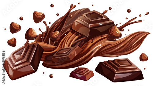 Pieces of dark chocolate falling close up on a white background