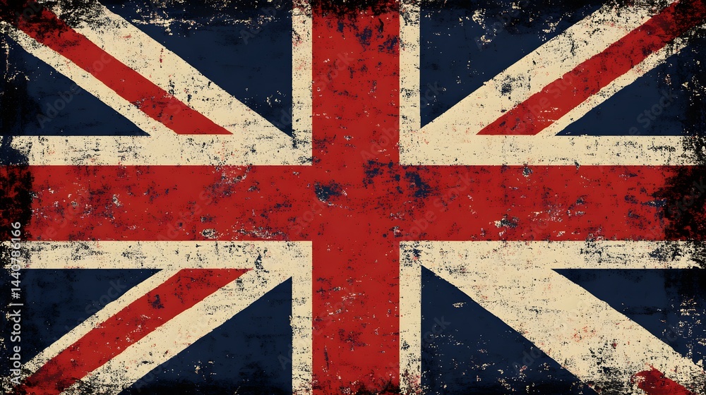 Fototapeta premium Distressed Union Jack Flag: A grunge-style Union Jack flag with a distressed, vintage texture. Perfect for adding a patriotic, retro feel to your designs.