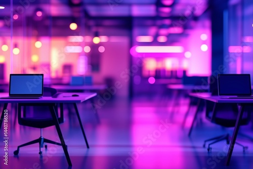 Wallpaper Mural Blurred modern open space office interior. Tables with computers for work. Neon purple colorful lights. Corporate strategy for finance, operations, marketing in futuristic blurred background Torontodigital.ca