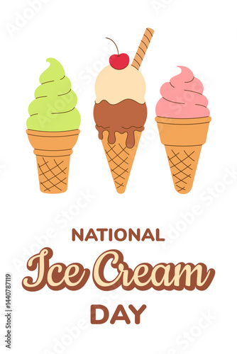 Vertical summer poster, postcard National Ice Cream Day. Soft vanilla gelato, melted scoop ice cream, of  in waffle cone on white background. Hand drawn flat Vector illustration EPS10