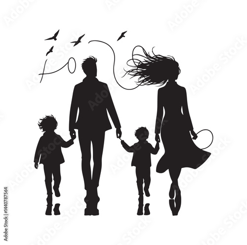 Family against the wind silhouette vector illustration