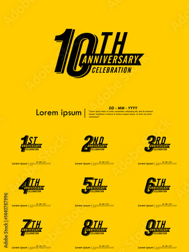 Set of 1st-10th years anniversary celebration emblem. black logo isolated with ribbons on yellow background. vector illustration template design for web, flyers, poster, invitation and greeting card