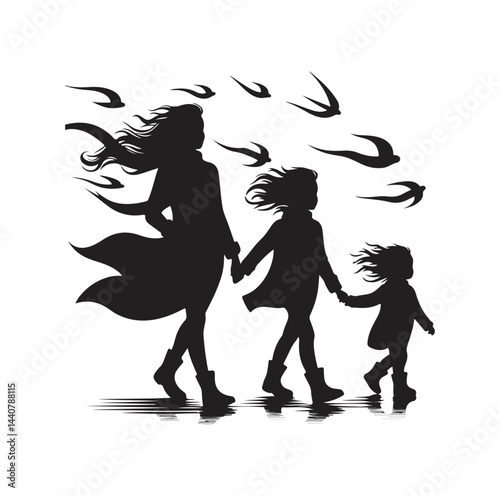 Family against the wind silhouette vector illustration