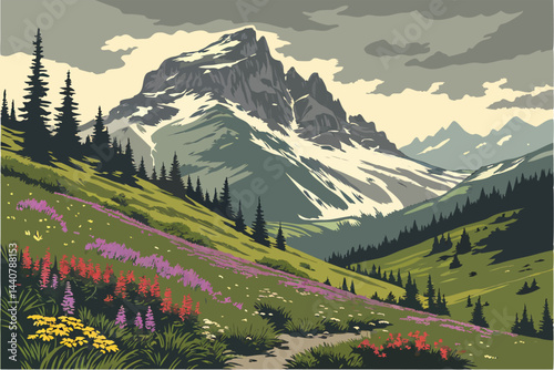 42 Majestic snow-capped mountains, Vibrant wildflower meadow, Colorful alpine flowers, Dramatic cloudy sky, Rugged mountain valley, Pristine wilderness landscape, High-contrast scenery, Panoramic moun