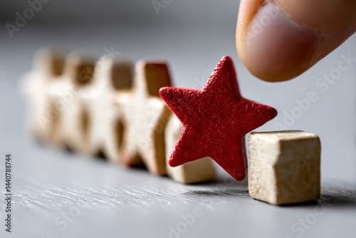 Five-Star Rating: A hand carefully places a red star at the end of a row of four white stars, representing a positive rating or customer feedback.