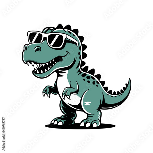 Cool Dino: A cute cartoon T-Rex dinosaur sporting trendy sunglasses, conveying a fun, playful, and cool attitude. 