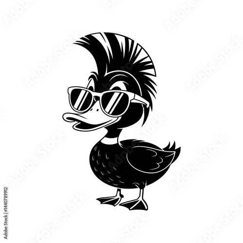 Cool Duck Illustration: A stylish duck with a trendy mohawk and cool sunglasses strikes a pose, embodying a fusion of avian charm and urban chic.