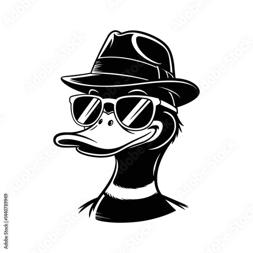 Cool Duck Portrait: A stylish monochrome illustration of a duck donned in sunglasses and a hat, exuding an air of playful coolness and mysterious charm.