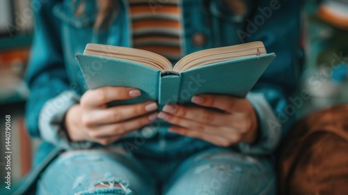 A person holding an open book with light blue cover while sitting wearing a denim jacket and jeans