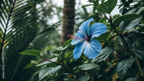 A close up of a vibrant blue hibiscus flower surrounded by lush green foliage in a tropical setting created with generated ai