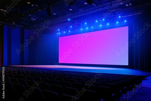 Empty stage for event or business conference with big blank screen mockup. Screen aspect ratio is 16:9. Modern convention hall for presentation or concert template. Chair seats