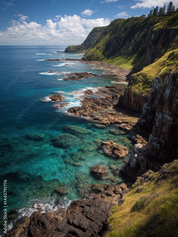 Fototapeta premium Breathtaking aerial view of a rugged coastline with turquoise water and lush greenery creating a serene and captivating landscape from a high angle perspective
