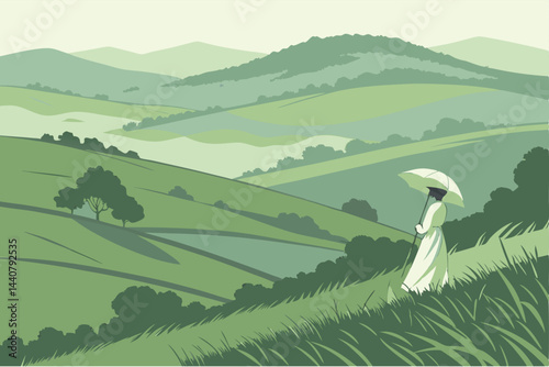 43 Panoramic landscape, rolling green hills, distant mountains, misty valleys, lone figure in white dress, white umbrella, expansive view, lush grass, clear sky, dreamy atmosphere, ethereal scene, tra