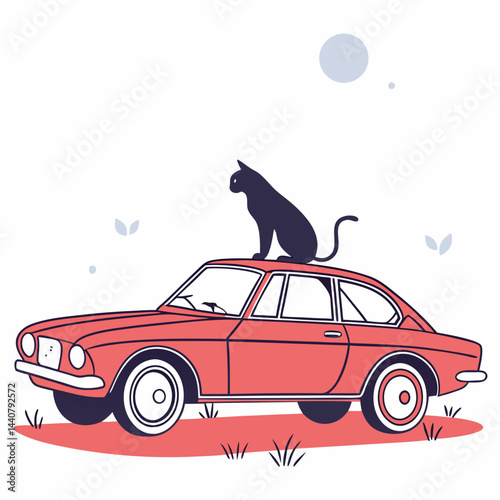 Modern Graphic of a Flat Design Cat Breed Silhouette Resting on a Vintage Red Sedan, Perfect for Automotive Blogs, Pet Product Advertising, and Whimsical Transportation-Related Marketing Materials.