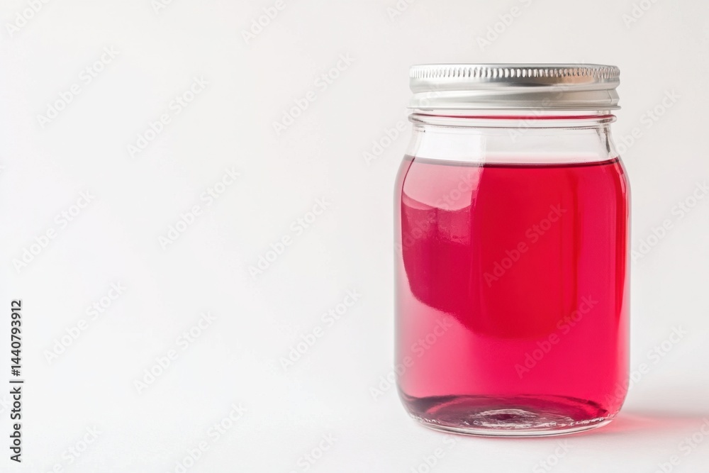 Glass Jar Filled with Bright Pink Liquid on White Background Glass Jar Filled with Bright Pink Liquid on White Background