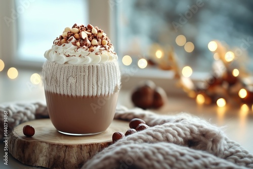 Hazelnut mocha with whipped cream. Winter morning drink. Warm, cosy beverage. Hot, caffeinated drink with tasty chocolate topping. Comforting morning ritual, refreshing break