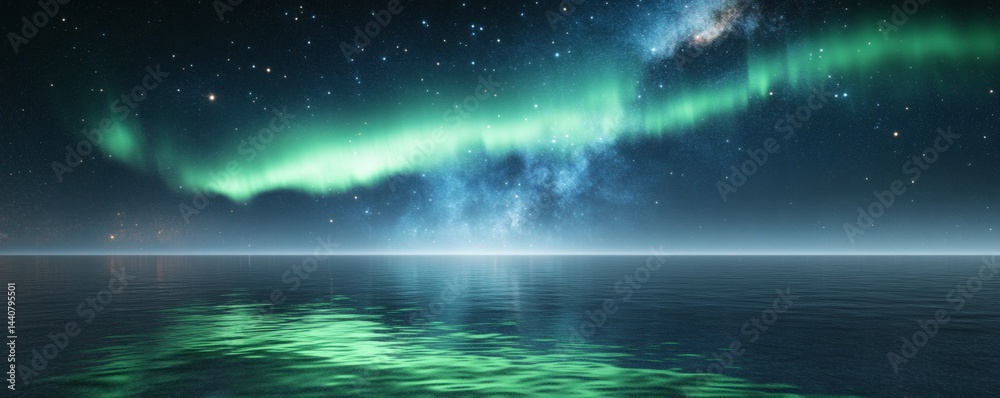Nightly aurora borealis reflecting on a calm sea Nightly aurora borealis reflecting on a calm sea