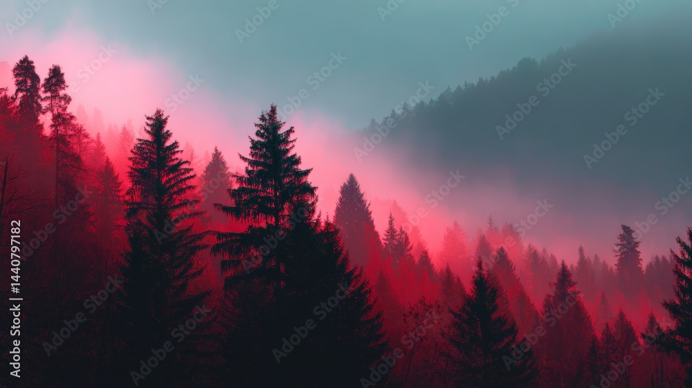 Fototapeta premium Misty forest at sunrise with red hue in mountain landscape