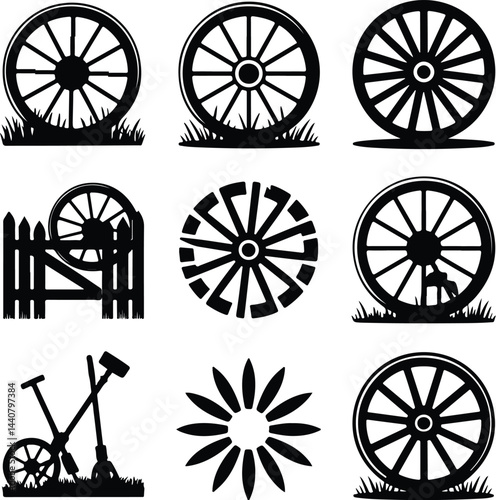 Vintage Wagon Wheel Silhouette | Rustic Cart Wheel Icon Set Wagon Wheel Icon Collection | Old Western Wheel Silhouette Set