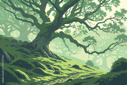 45 Ancient mystical tree, sunbeams through branches, lush green moss, ethereal forest, misty atmosphere, magical landscape, vibrant foliage, dappled light, enchanted woodland, fairy tale setting, natu