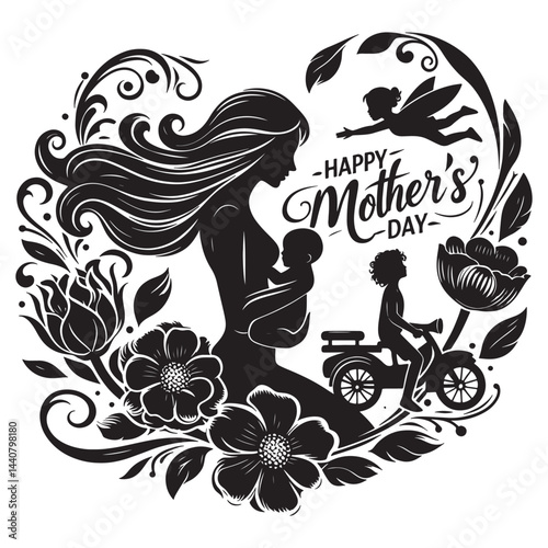 Elegant Mother's Day Silhouette Art Featuring Family and Floral Designs