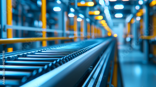 A modern, brightly lit factory conveyor belt system in an industrial setting with a blurred background.