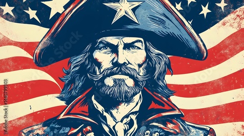 Revolutionary Figure: A bold portrait of a historical figure, embodying the spirit of the revolutionary era. Featuring an iconic tri-corner hat.