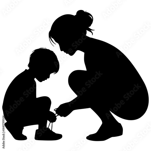 Silhouette of a mother kneeling down to tie her child's shoelaces, full of care and attention, minimalist black vector on a pure white background  - Mother's Day
