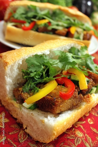 Delicious Vietnamese Banh Mi Sandwich with Fresh Herbs and Vegetables on a Red Floral Tablecloth Capturing the Vibrant Colors and Culinary Delight in a Close Up Shot