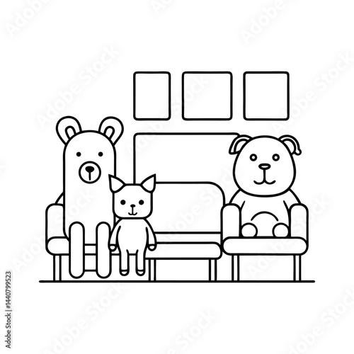 Outline of Cute Animal Toys in Waiting Room Line Art Vector