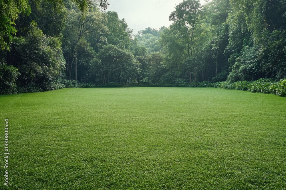 Obraz premium Lush green lawn surrounded by dense forest in a serene nature setting during the early morning hours