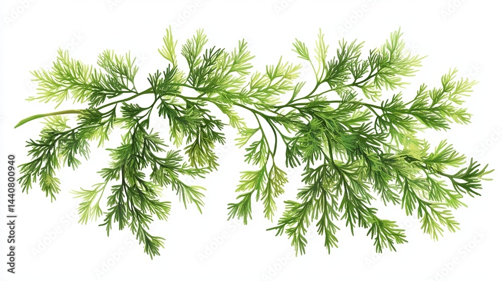 Fototapeta premium A sprig of green dill leaves on a white background with delicate feathery foliage in a botanical style