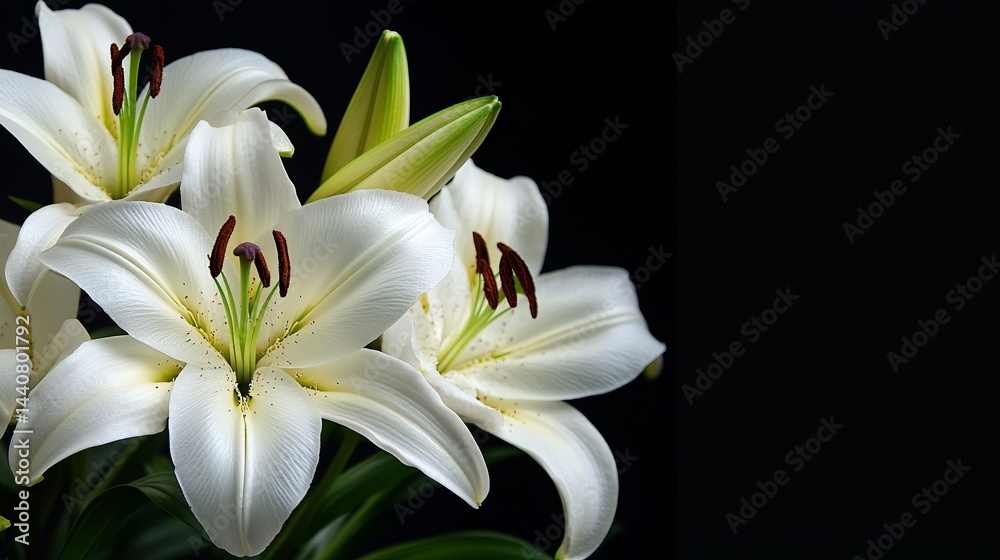 Close up shot of several white lilies with green buds against a dark black background in a studio shot Close up shot of several white lilies with green buds against a dark black background in a studio shot