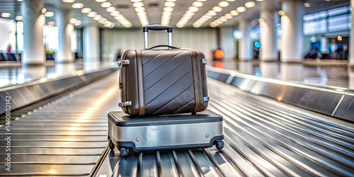 A stylish brown carry-on suitcase rests on top of a silver luggage cart at a bustling airport terminal. Travelers move around the bright, spacious area, eager to collect their bags