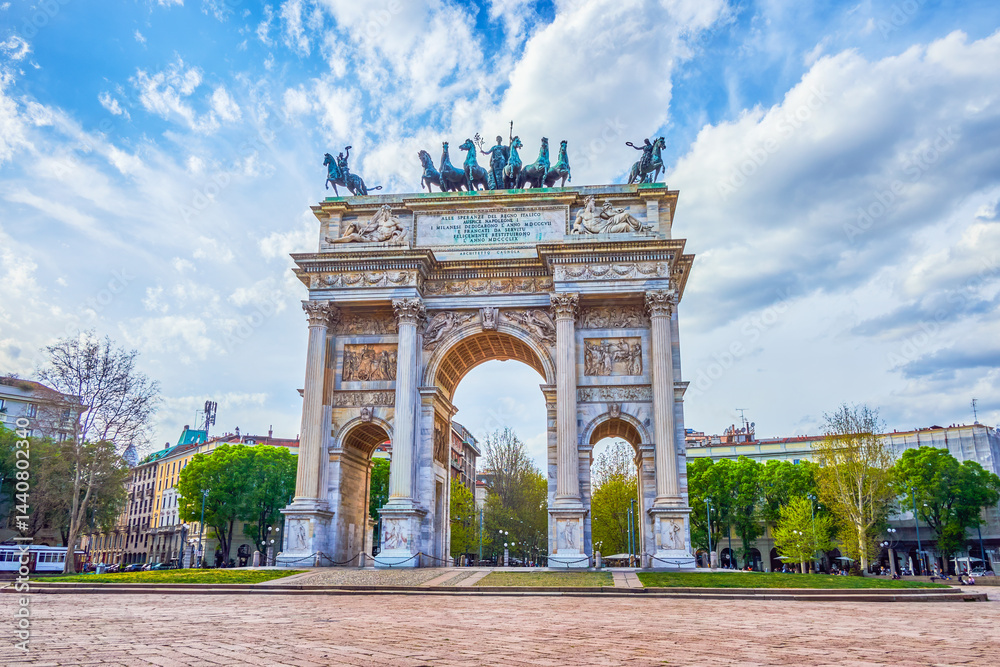 Arco della Pace the grand triumphal arch located at the center of Piazza Sempione in Milan, Italy