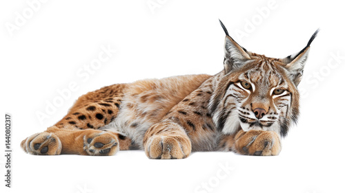 A relaxed bobcat lying down on a white background, paws forward.